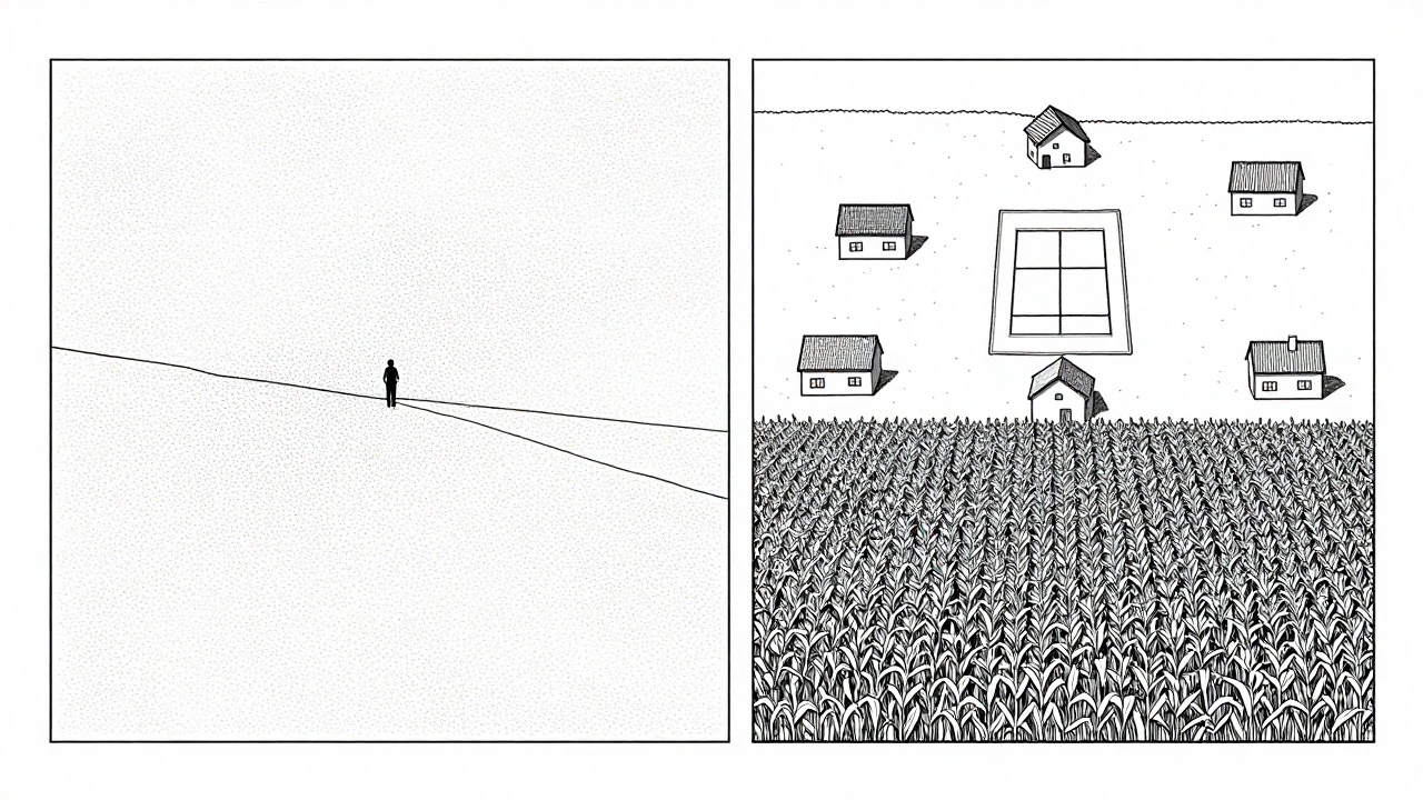 A conceptual split image showing one acre alongside a full square mile of land to illustrate scale difference.