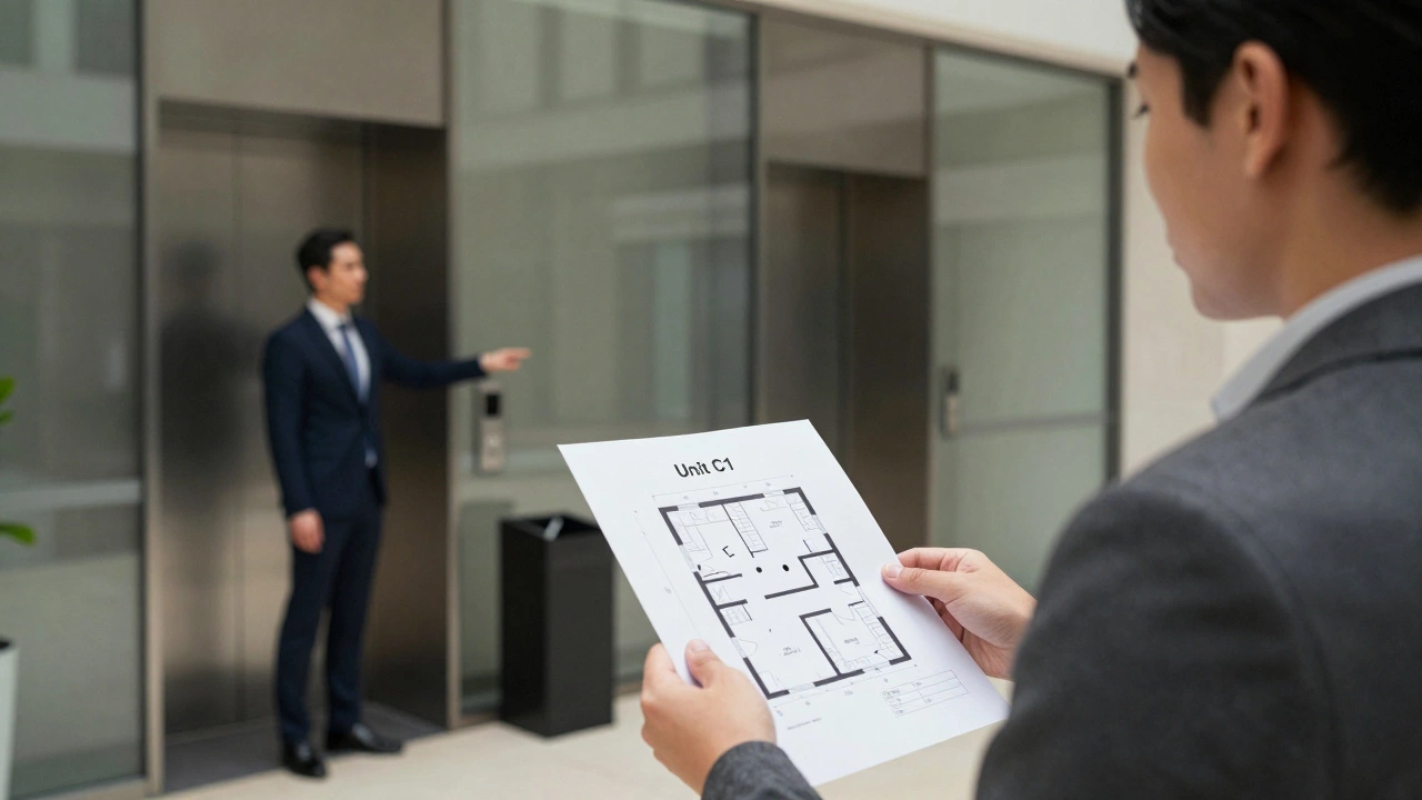 A person examining a floor plan in an apartment lobby, realizing C1&#039;s location near noisy amenities.