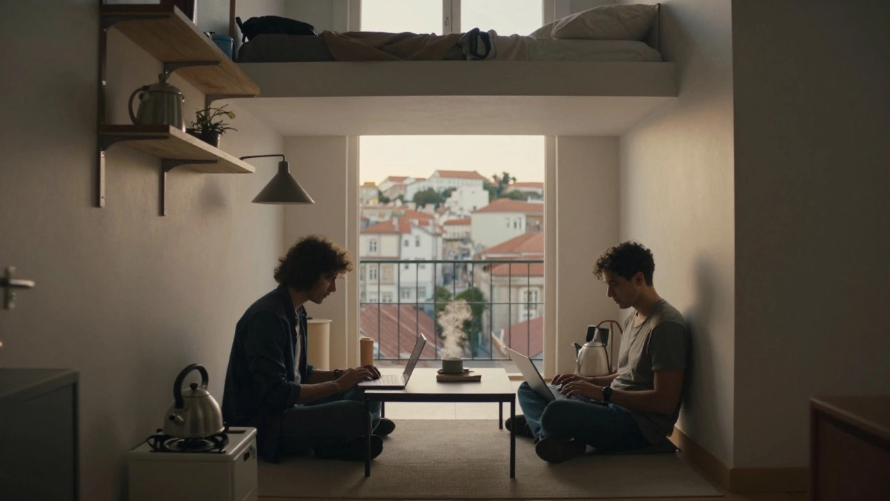 A person working in a cozy Lisbon T0 apartment with wall shelves and a hidden bed, bathed in golden light.