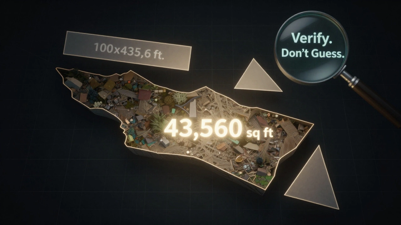 An irregularly shaped land parcel with the exact acre measurement glowing inside, surrounded by alternative rectangular and triangular shapes.