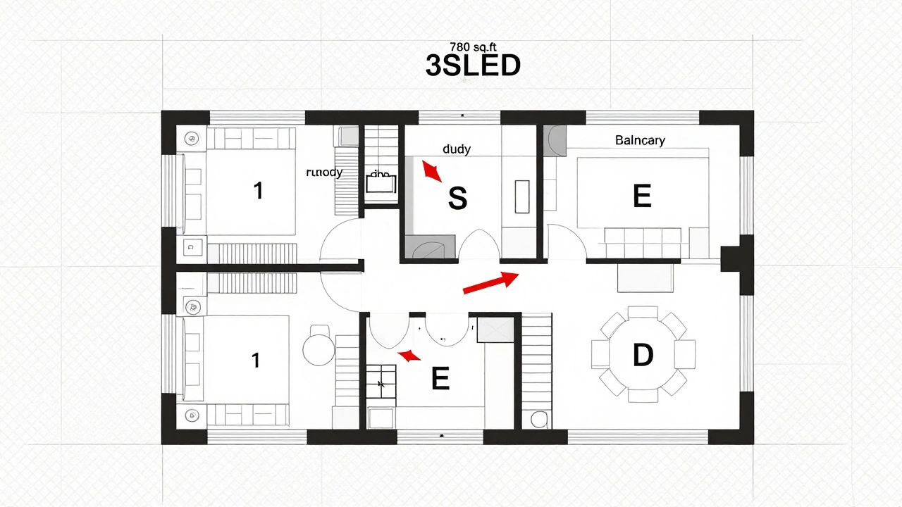 Architectural floor plan of a 3SLED layout showing five functional zones with non-walled partitions in a technical line-drawing style.