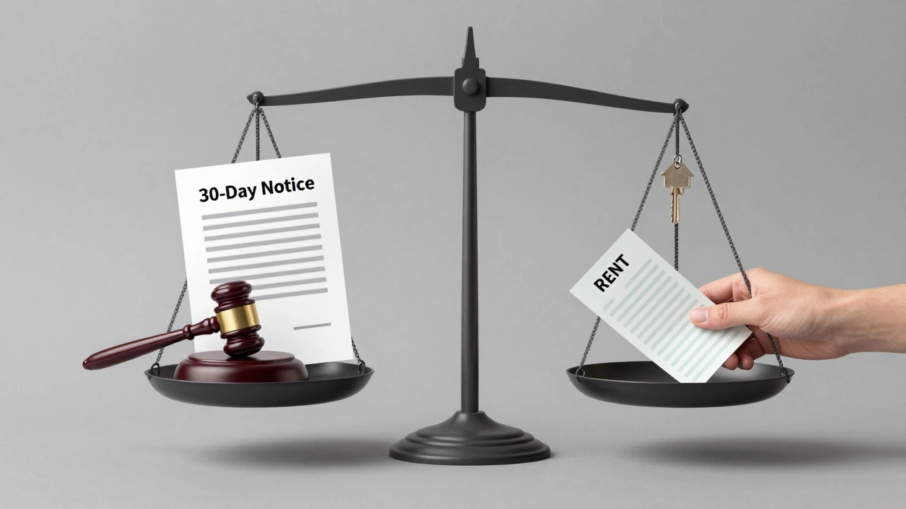Balanced scale showing legal notice versus tenant rights and protections