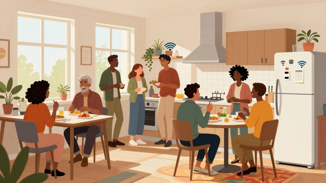 Diverse people sharing a meal in a bright, welcoming co-living kitchen.