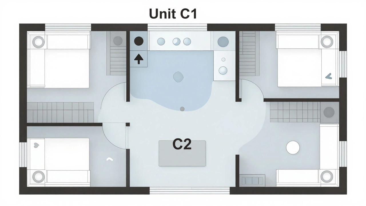 Floor plan showing Unit C1 as a corner unit with two windows, compared to neighboring units with fewer windows.