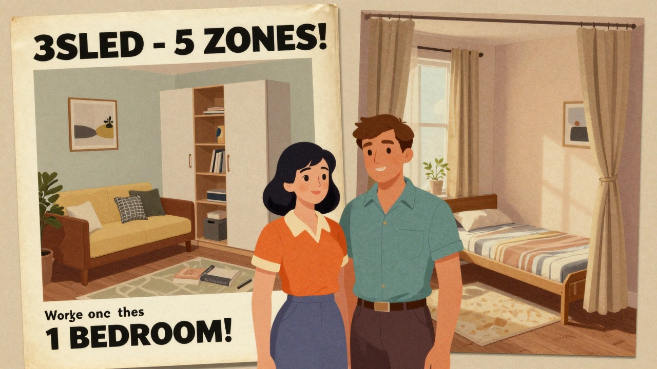 Illustration contrasting a 3SLED marketing brochure with the reality of a small apartment&#039;s multi-use spaces in vintage pastel tones.