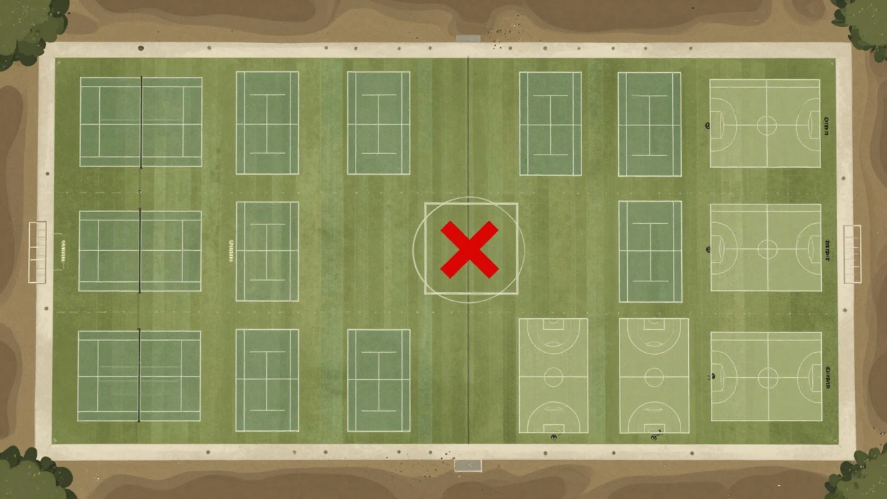 Illustration showing a football field, tennis courts, and basketball courts scaled to represent the size of one acre.