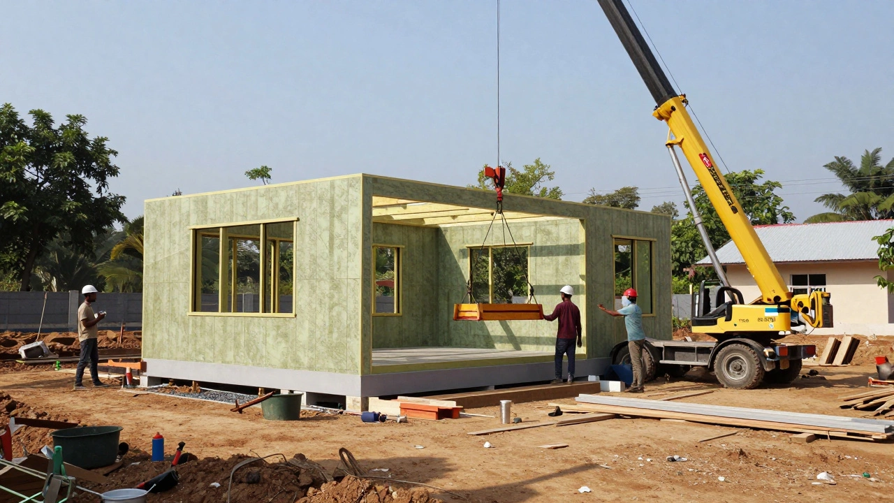 Modular home sections being assembled on foundation with crane in rural India.
