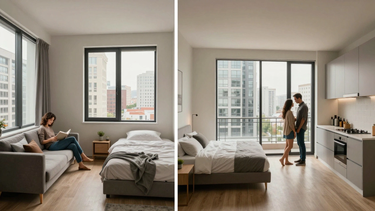 Side-by-side view of a small F1 apartment and a larger 2BHK apartment, showing differences in space and layout.