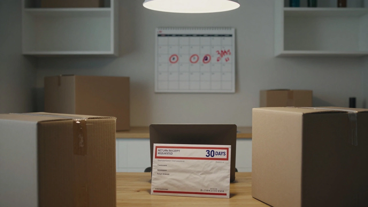 Tenant packing at a kitchen table with certified mail and calendar visible
