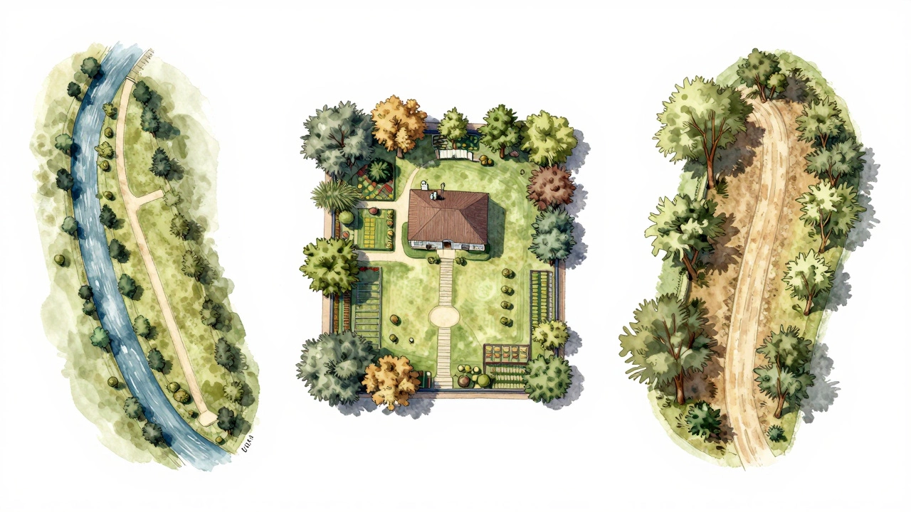 Three differently shaped 1-acre lots — narrow, square, and irregular — illustrated in watercolor with natural surroundings.