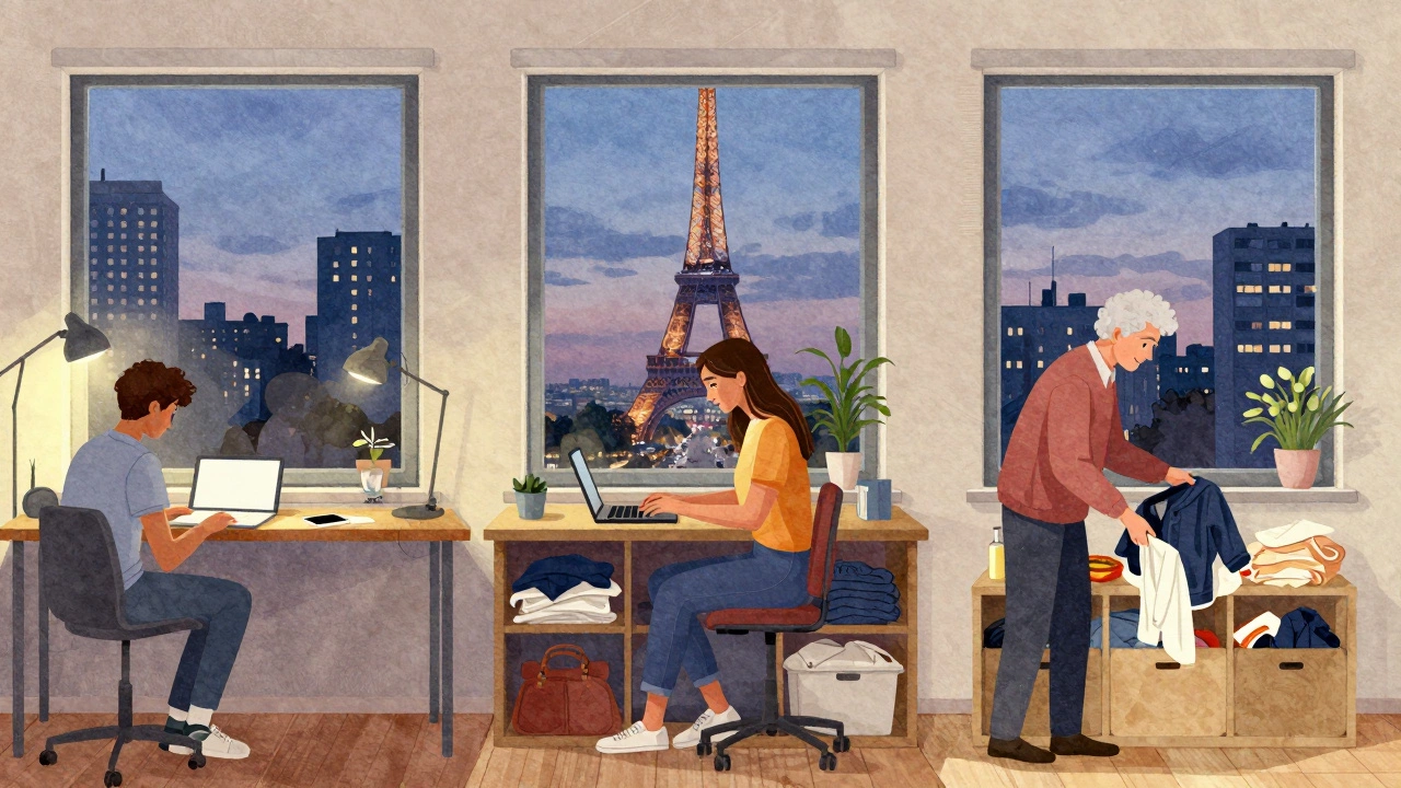 Three people in F1 apartments across Mumbai, Paris, and Berlin, each working or resting in their minimal living spaces.