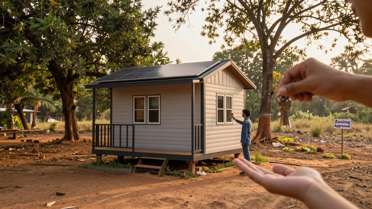 Tiny home on permanent foundation with solar panels in peaceful rural setting.
