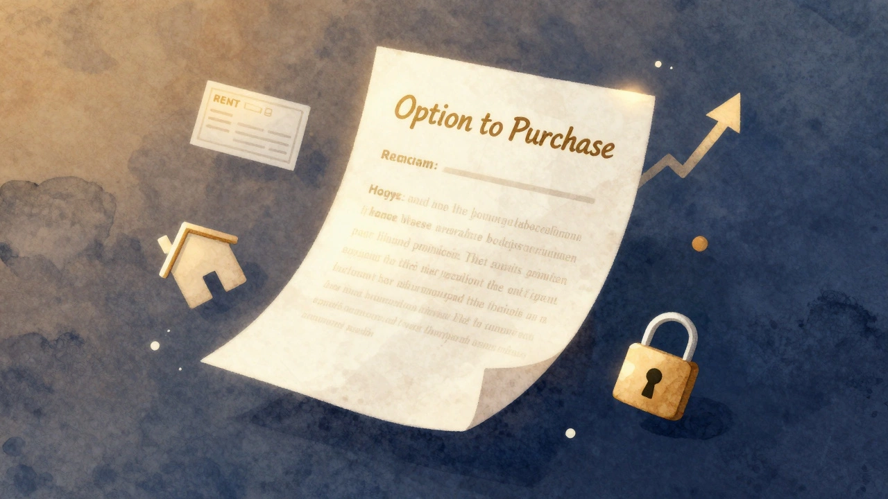 A glowing legal clause with symbolic elements representing rent credits and home ownership.