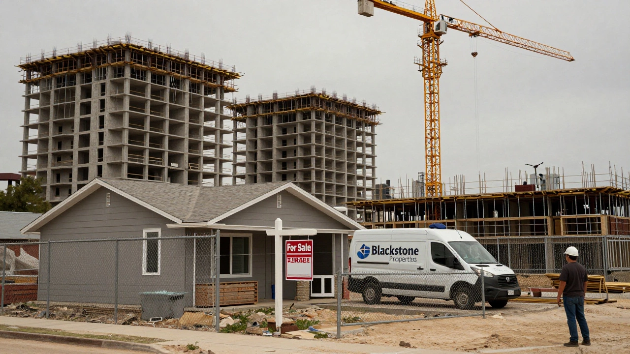 A luxury apartment construction site in Dallas with a corporate van buying a single-family home in the foreground.