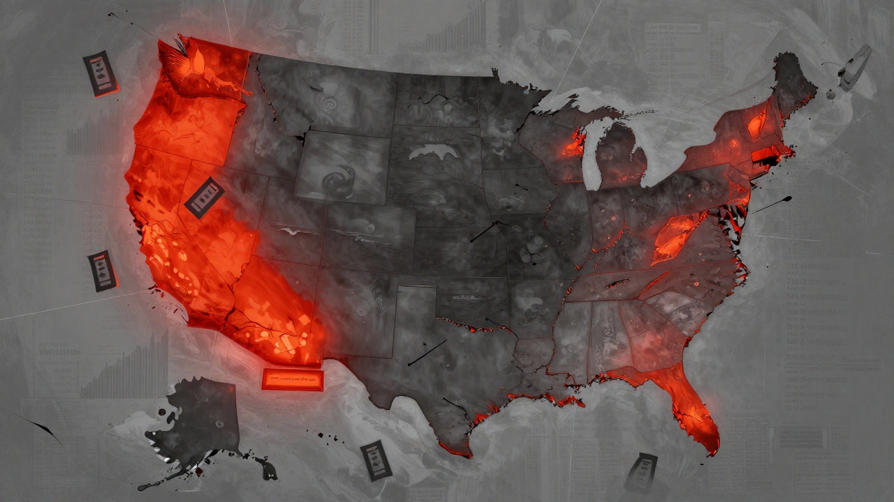 A map of the U.S. showing Section 8 enrollment intensity with California brightest.