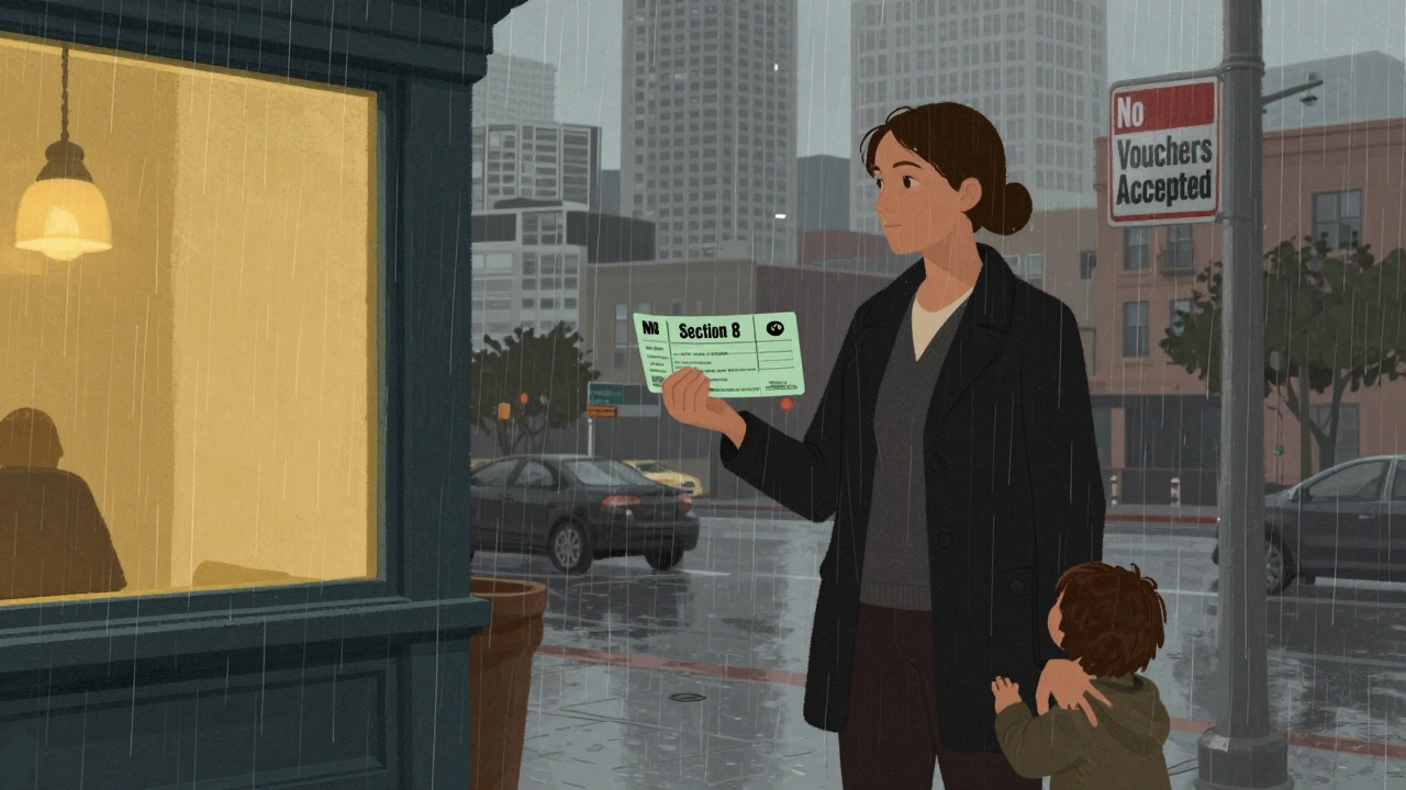 A mother and child outside an apartment with a 'No Vouchers Accepted' sign in the rain.