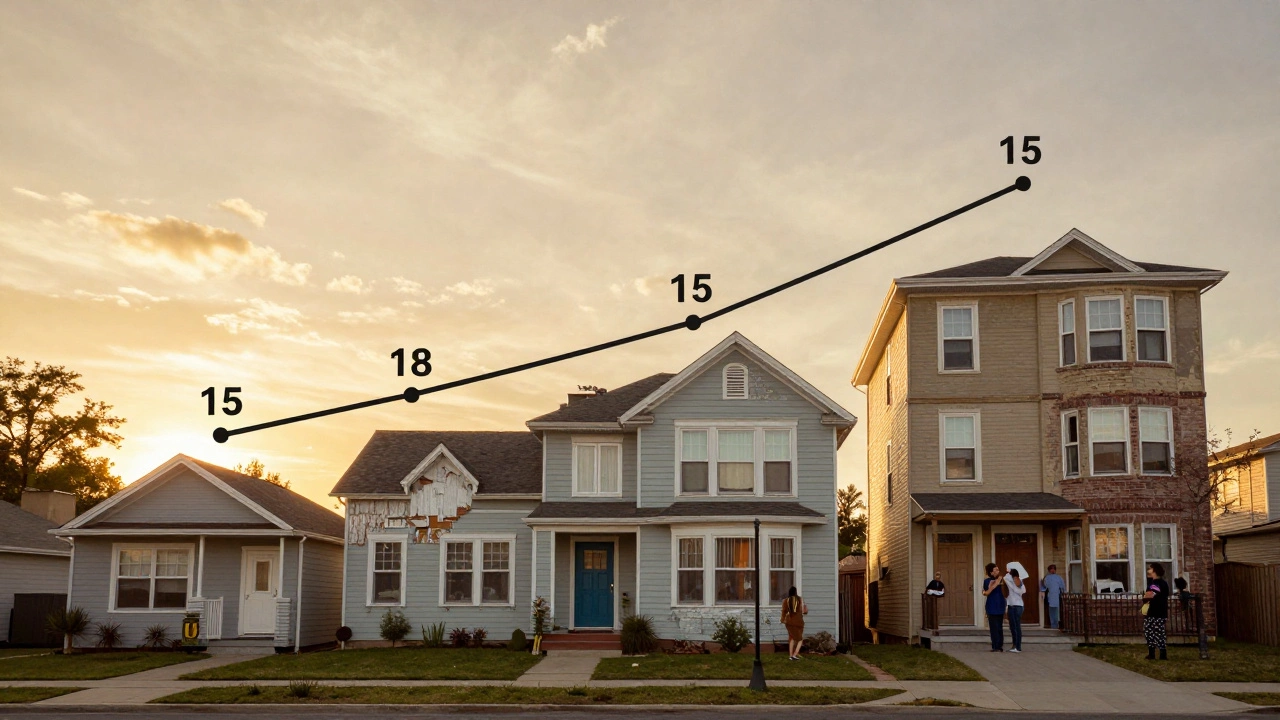 A single property evolving over 15 years from run-down house to thriving rental building under a golden sunset.