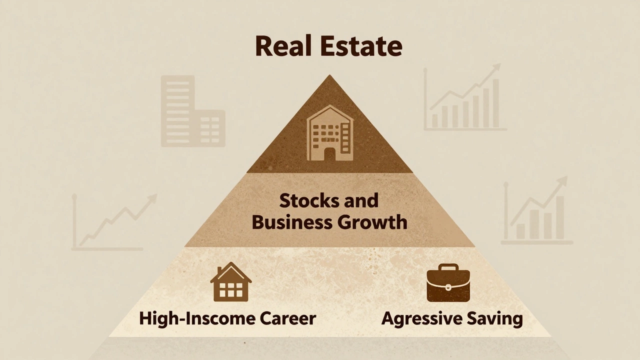 A wealth pyramid with career, savings, and stocks forming the base, real estate as the top stabilizing layer.