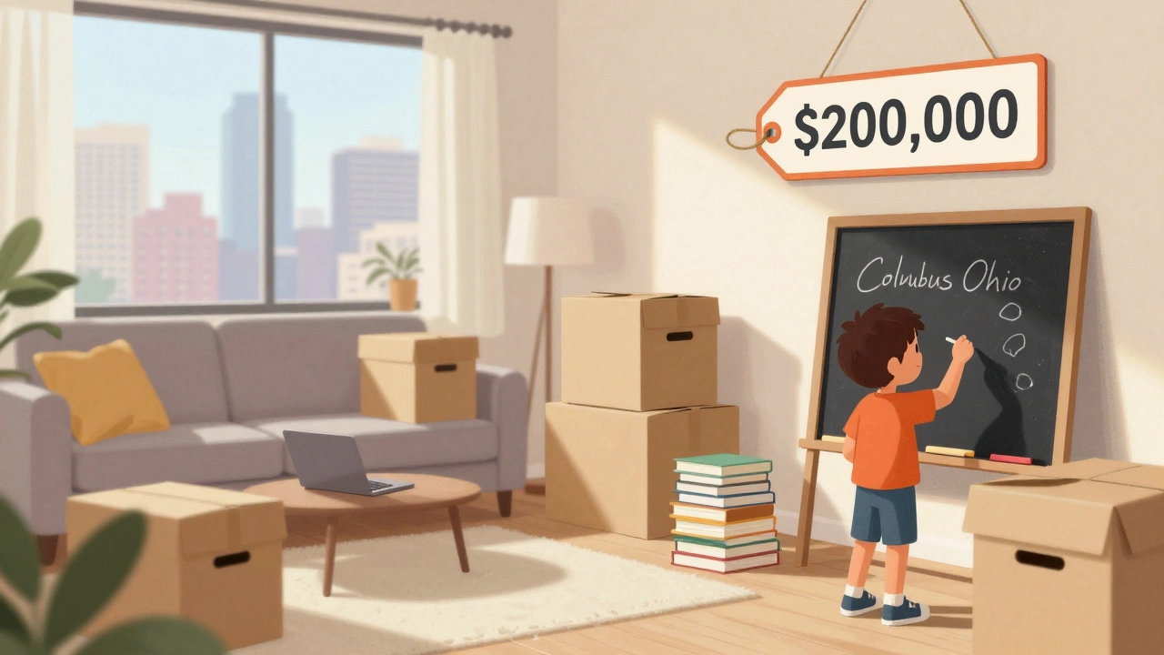 Family unpacking in a cozy Ohio home with a child drawing on a chalkboard.