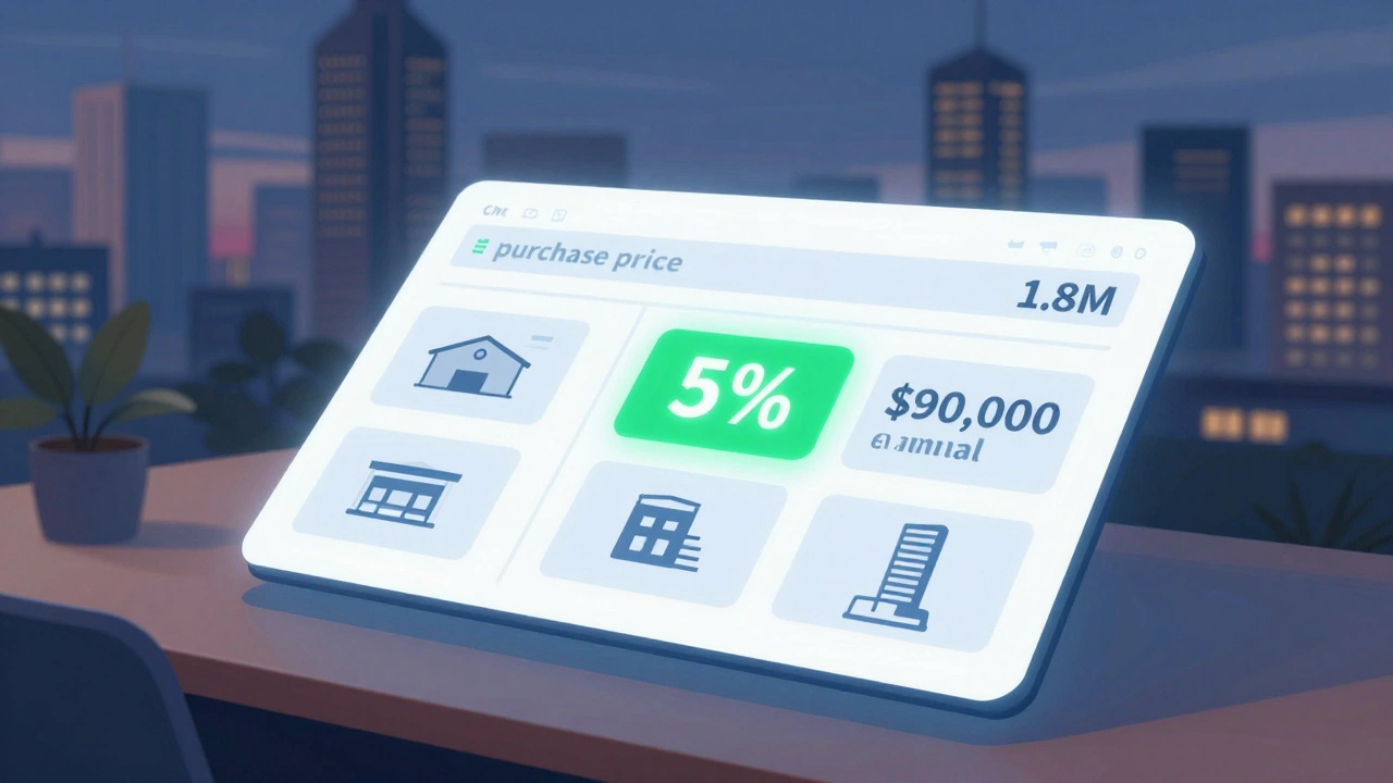 Floating financial calculations above commercial property icons, digital illustration.