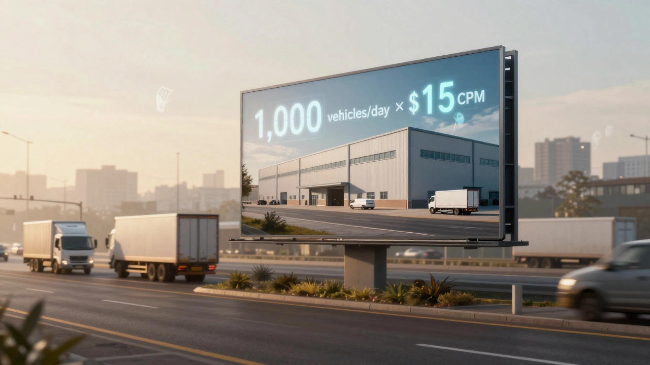 Highway billboard for a warehouse with vehicle traffic and floating CPM calculations in golden light.