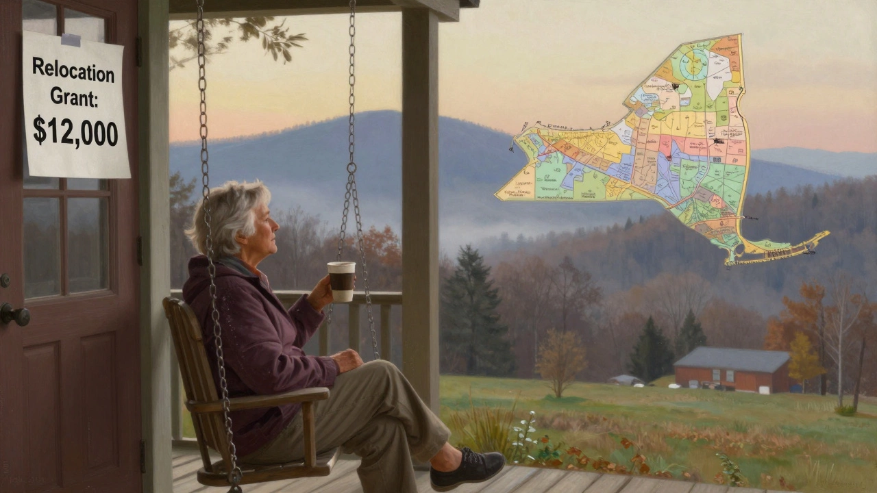 Retiree on a West Virginia porch at dawn with a relocation grant notice.