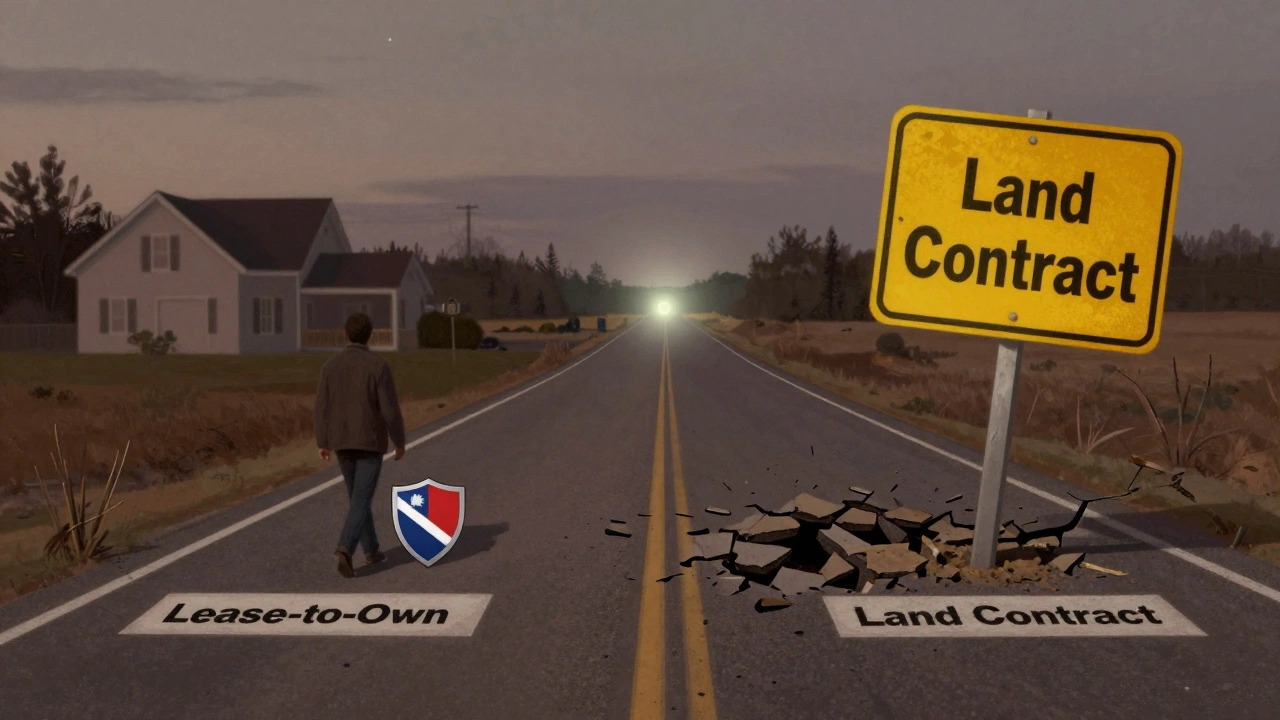 Two paths to homeownership, one safe and one risky, leading to a distant house at twilight.