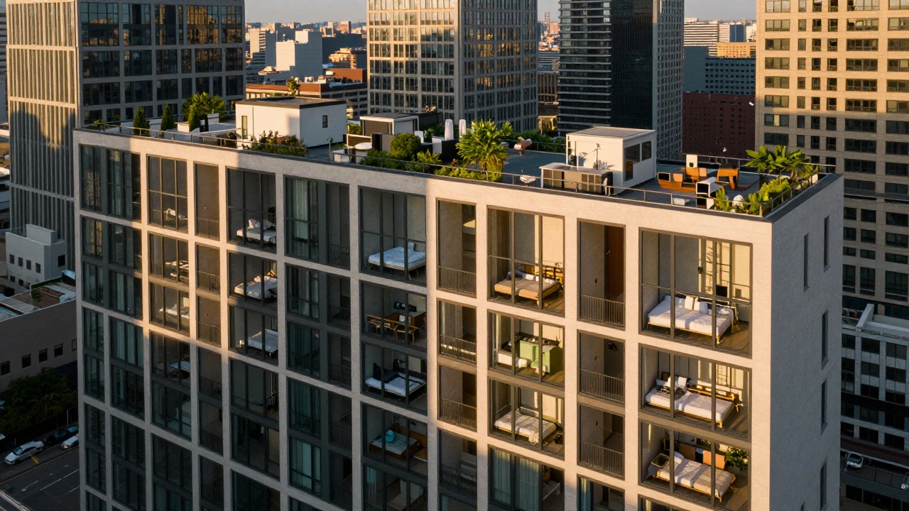 A modern micro-apartment building with shared rooftop amenities, showing small units with large windows and efficient design.