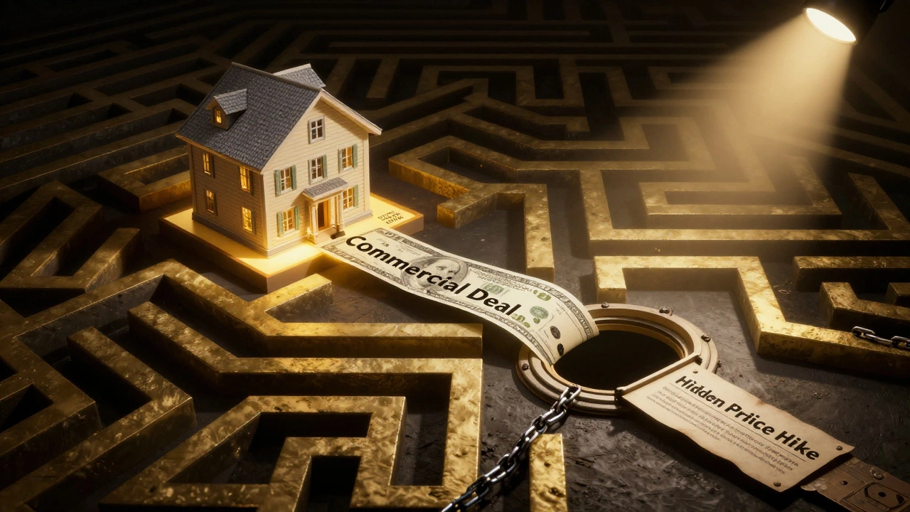 A symbolic fork in a path—one leading to property improvements with cash, the other to hidden costs and traps in a commercial deal.