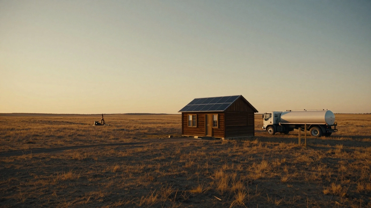 A Texas countryside cabin with a water truck and well pump, set under a golden sunset with no power lines or neighbors.