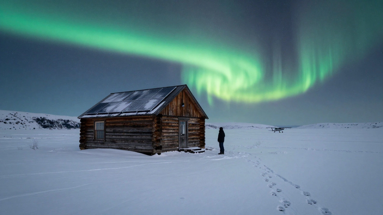 An isolated Alaska homestead under the northern lights, with no roads, snow-covered land, and a small plane in the distance.