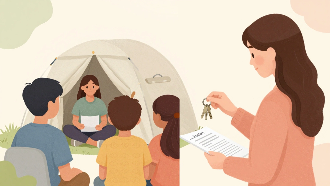 Family receiving shelter assistance from social worker.