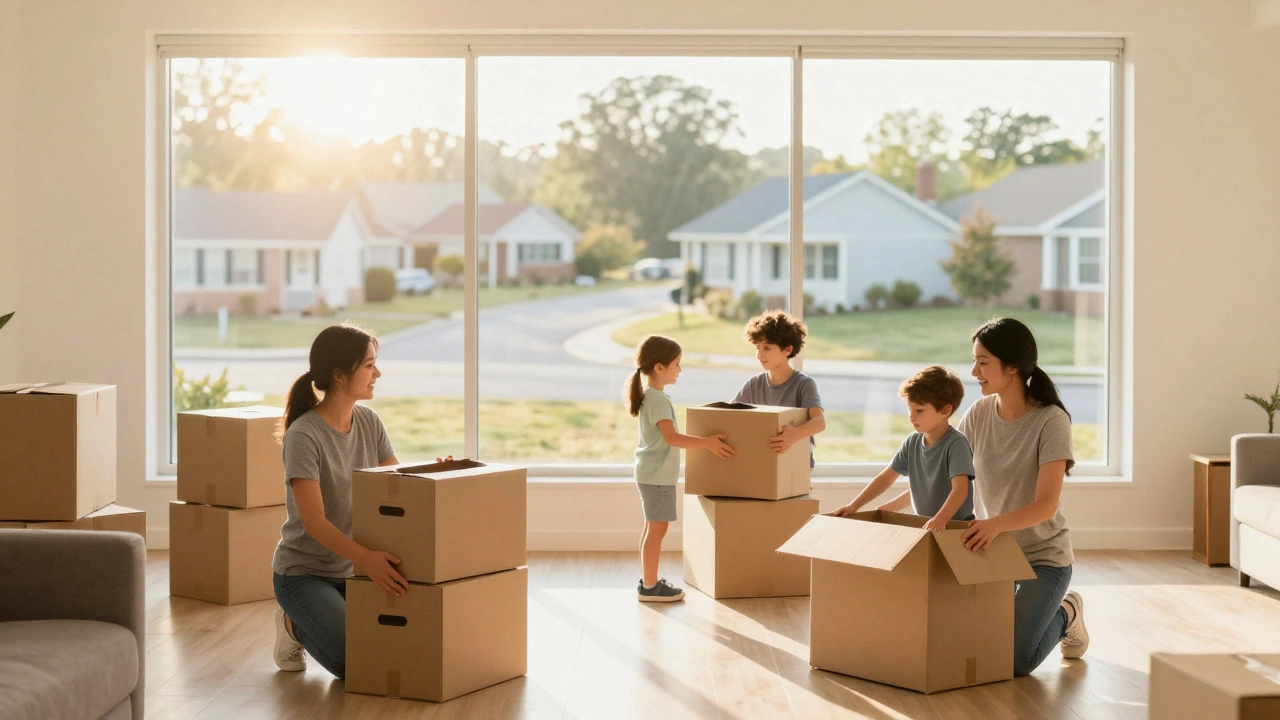 Family unpacking in new apartment after housing assistance in Virginia.