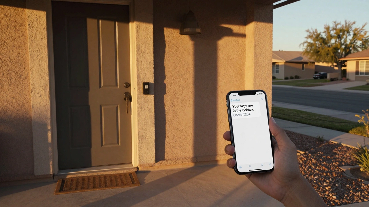 Front door of a home with lockbox and text message on smartphone saying keys are ready.