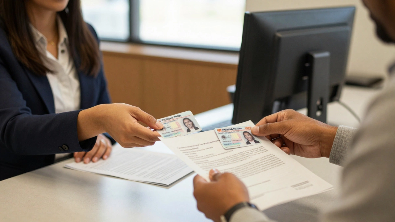 Hands exchanging documents at housing authority office.
