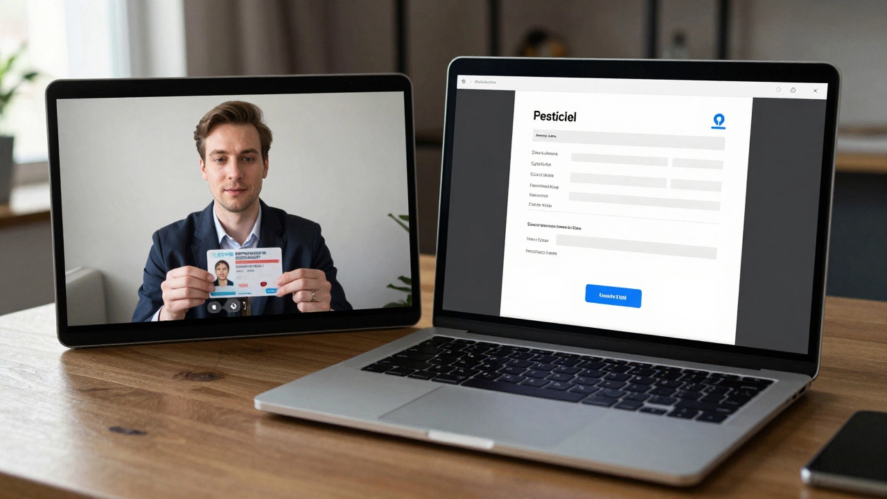 Remote online notarization happening via video call with digital document signing.