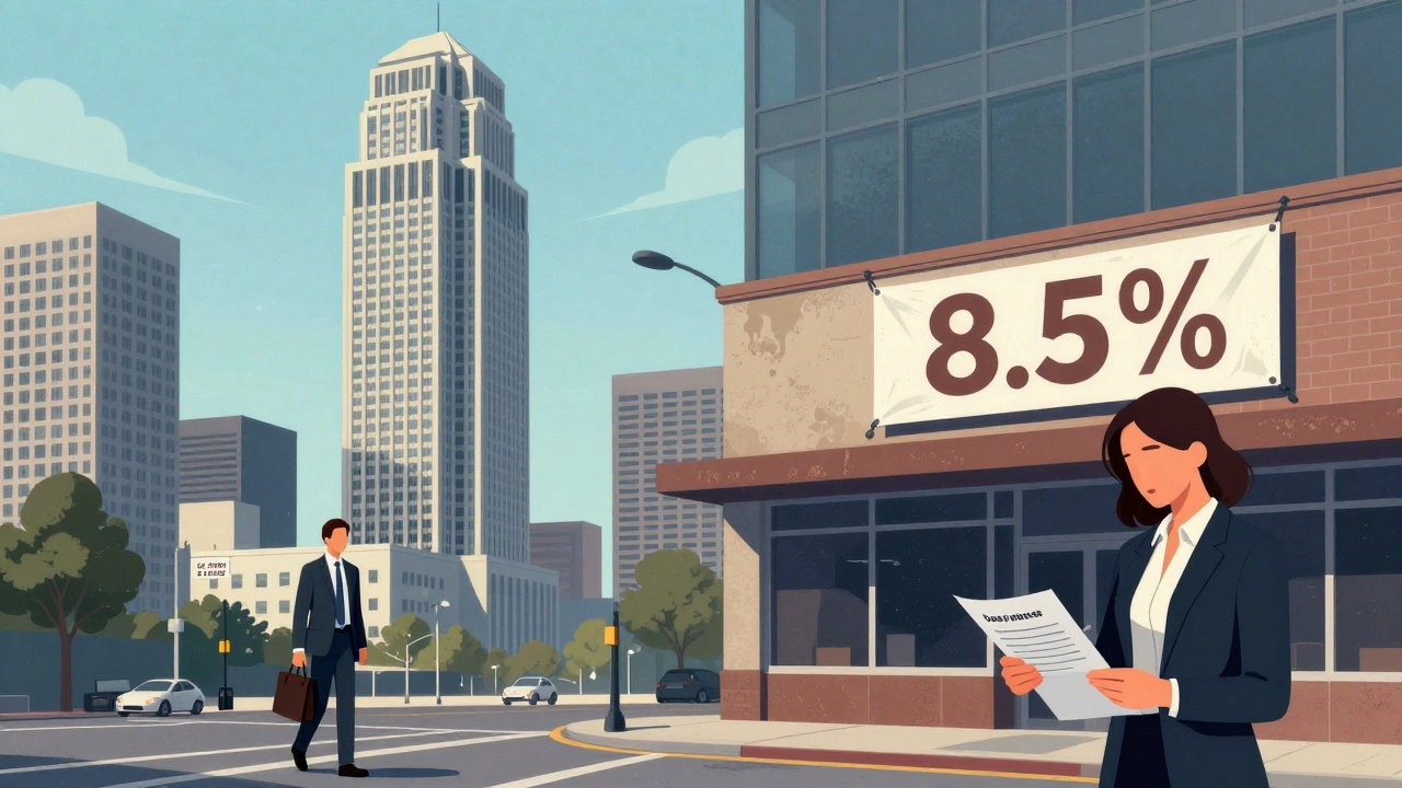 Split scene showing Class A office tower in Los Angeles and retail center in Minneapolis with contrasting cap rates.