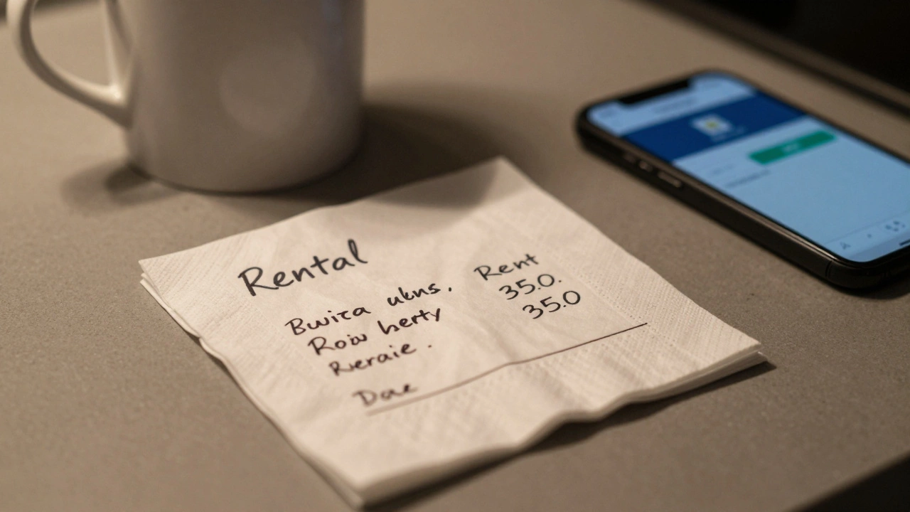 A crumpled napkin with rental terms beside a coffee mug and a phone showing a payment notification.