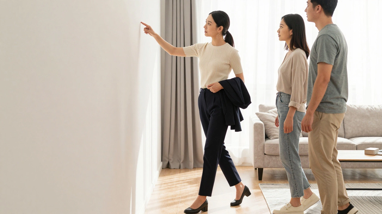 A female realtor in neutral tones points out features in a sunlit living room, blazer draped over her arm.