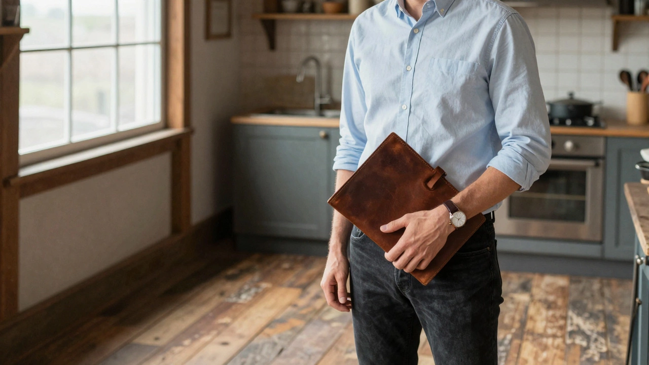 An agent in dark jeans and a button-down speaks with a buyer in a rustic kitchen, conveying trust and approachability.