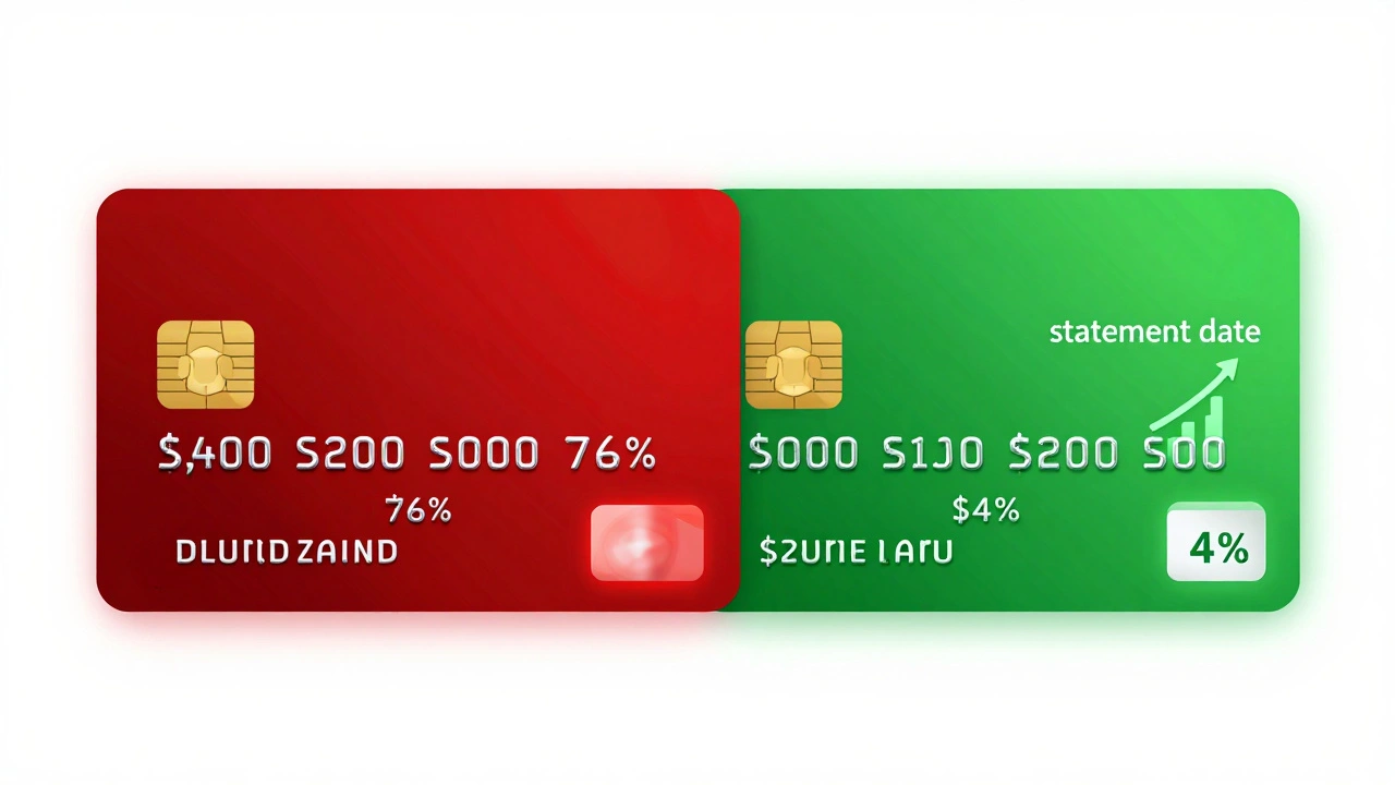 Credit card balance comparison showing utilization drop from 76% to 4% with visual meter changes.