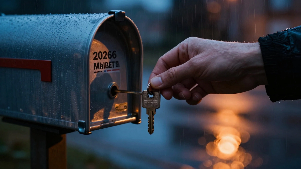 Hand placing key in mailbox in rain