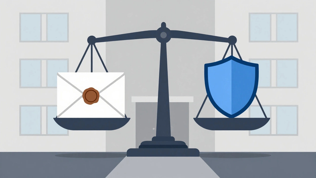 Scale balancing mail envelope and shield icon