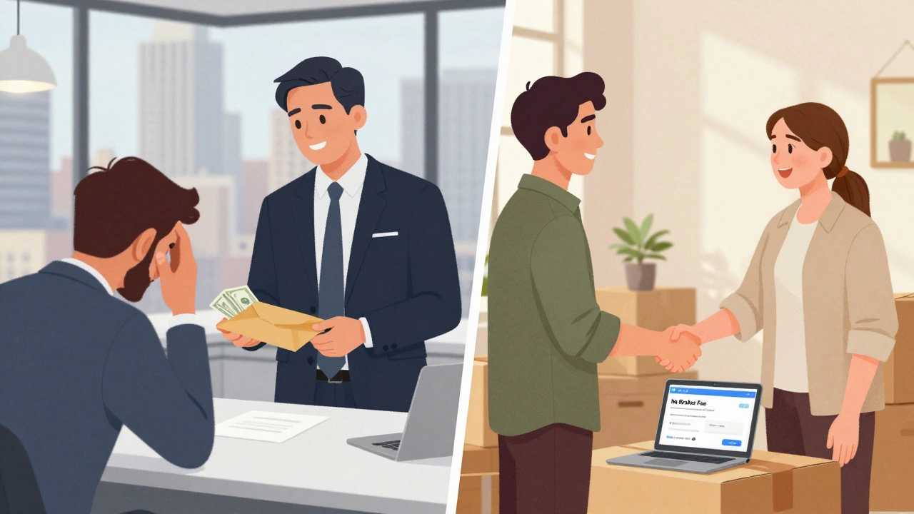 Split scene: tenant paying broker vs. tenant shaking hands with landlord in a living room.