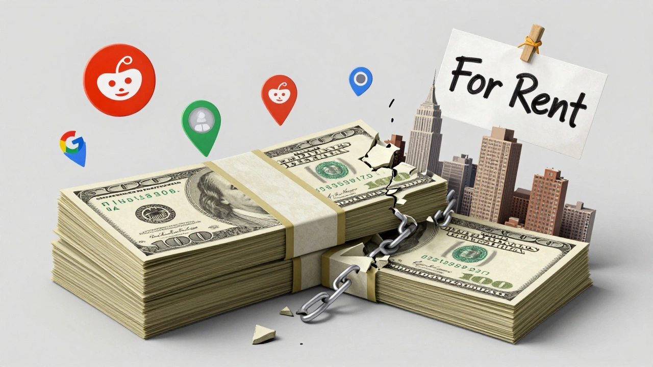 Stack of cash turning into a broken chain with icons of rental platforms and a 'For Rent' sign.