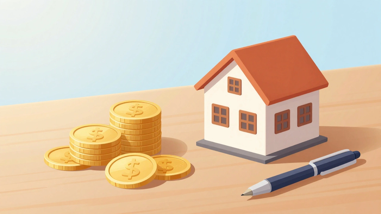 Stack of coins and house model on desk