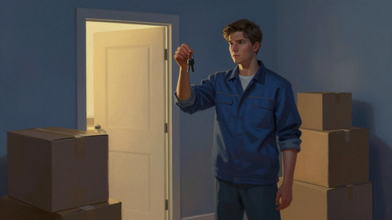 Tenant standing with moving boxes and keys