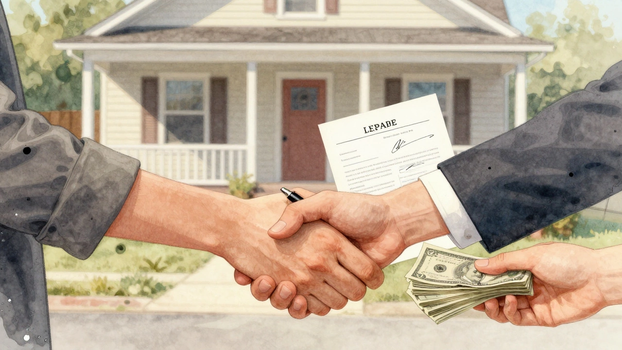 Two hands shaking over a handwritten lease, with a modest house visible in the background.