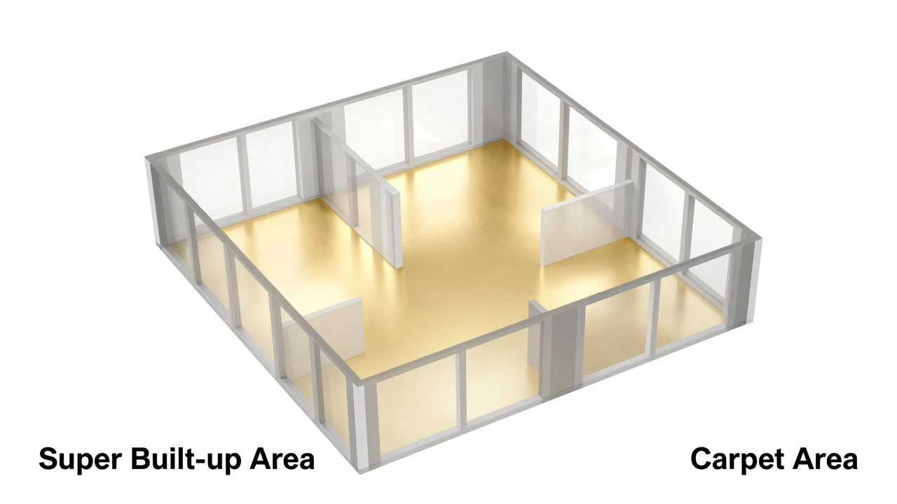 3D floor plan showing the difference between super built-up area and usable carpet area