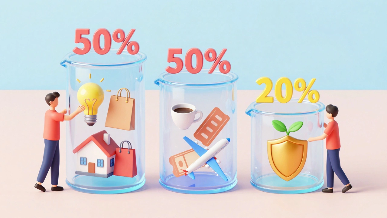 3D illustration showing income split into needs, wants, and savings containers.